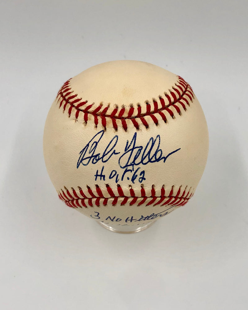 Bob Feller Cleveland Indians Autographed American League Baseball Inscribed "HOF '62, 3 No Hitters, 4.16.60, 4.30.46, 7.1.51"