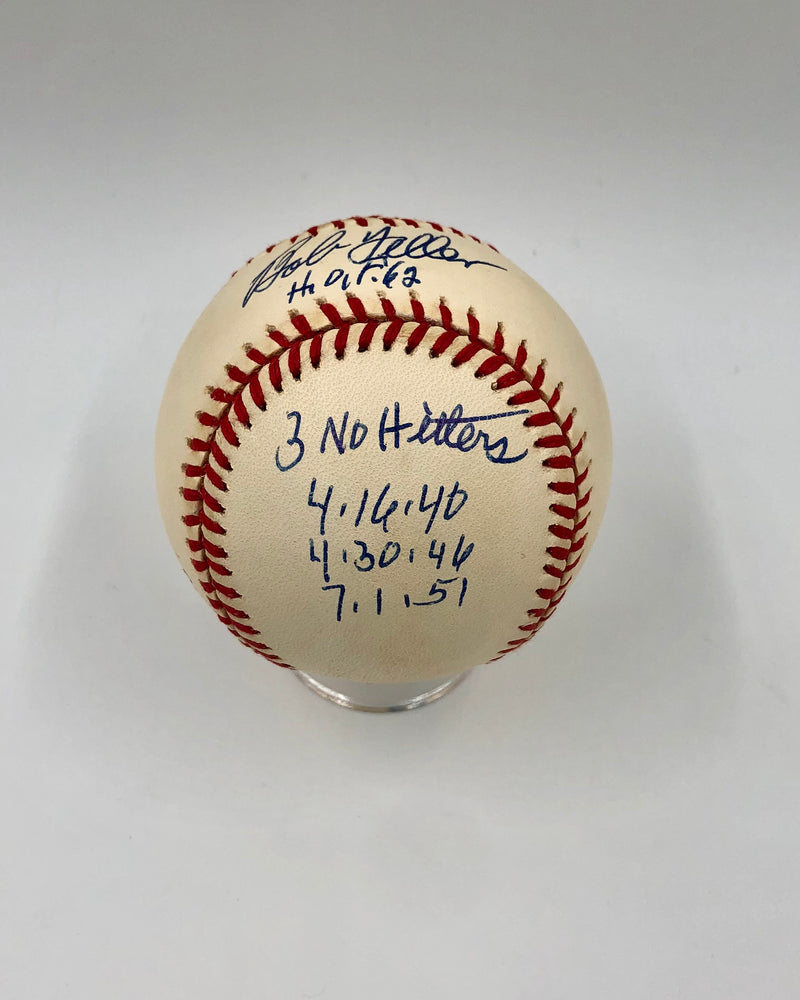 Bob Feller Cleveland Indians Autographed American League Baseball Inscribed "HOF '62, 3 No Hitters, 4.16.60, 4.30.46, 7.1.51"
